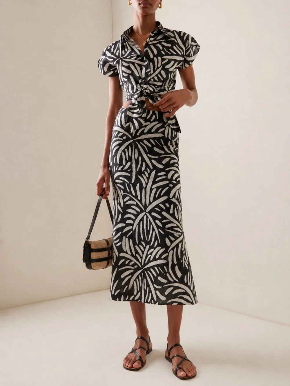 NWOT Cala de la Cruz Black White Linen Leroy Top Fabiana Skirt Set, Size XS